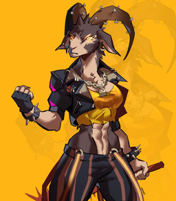 abs alternative_fashion anthro bat_(object) bottomwear bracelet breasts brown_body brown_fur chain_necklace clothing crop_top crossgender curved_horn ear_piercing ear_ring female fingerless_gloves fur gloves glowing glowing_eyes handwear holding_baseball_bat horizontal_pupils horn jacket jewelry leather leather_clothing leather_jacket leather_topwear midriff mtf_crossgender muscular muscular_anthro muscular_female nailed_bat necklace pants piercing punk pupils ring_piercing shirt solo spiked_bracelet spikes topwear yellow_eyes whymete deadlock_(game) valve valve_corporation billy_(deadlock) bovid caprine goat mammal hi_res