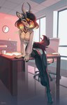 5_fingers anthro black_hair black_tail bottomwear breasts chair clock clothed clothed_anthro clothed_female clothing coffee_mug female fingers footwear front_view fully_clothed fully_clothed_anthro fully_clothed_female furniture garter_straps hair high_heels horn inside legwear office office_chair office_clothing on_table orange_eyes paper shoes sitting sitting_on_table skirt smile solo table tail thigh_highs topwear window cordi zahra_(airheart) antelope bovid gazelle mammal 2025 digital_media_(artwork) hi_res