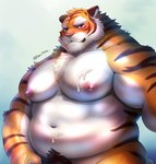 2022 anthro belly big_belly blush bodily_fluids countershading cum cum_on_belly cum_on_body cum_on_chest felid genital_fluids hi_res kemono male mammal moobs navel nipples overweight overweight_male pantherine solo tiger tori2tea white_body