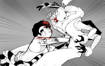 4_arms 4_fingers 5_fingers anthro black_hair blank_stare blood blood_from_mouth blood_in_mouth bodily_fluids clothing colored_blood duo expressionless eyewear fingers flip_flops footwear glasses hair hat hat_feather headgear headwear heart_glasses impact_lines loose_feather male mouth_closed multi_arm multi_limb punch sandals shoes unusual_blood unusual_bodily_fluids animatationsen cartoon_network hazbin_hotel hellaverse steven_universe steven_quartz_universe valentino_(hazbin_hotel) arthropod human insect lepidopteran mammal moth 2025 absurd_res crossover digital_drawing_(artwork) digital_media_(artwork) hi_res monochrome partially_colored