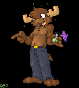 anthro beverage bottomwear brown_body brown_fur chest_tuft clothed clothing container cup drinking_glass drunk fur glass glass_container glass_cup green_liquid lime_(fruit) male pants solo substance_intoxication topless tuft umbrella_drink nanimoose nanimoose_(character) deer mammal moose new_world_deer low_res