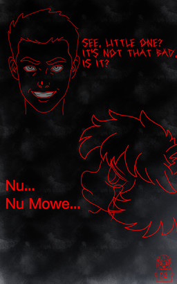 ambiguous_form ambiguous_gender black_background bodily_fluids crying dialogue disembodied_head duo hair horror_(theme) looking_at_viewer male male_human red_line_art red_text simple_background smile tears teeth text sorrystickpro fluffy_pony fluffy_pony_(species) human mammal 2026 5:8 absurd_res colored_line_art digital_media_(artwork) english_text hi_res