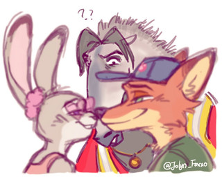 anthro bottomwear brown_body clothed clothing eyewear female fur glasses grey_body group half-closed_eyes hat headgear headwear jewelry male narrowed_eyes necklace nose_to_nose pink_eyewear pink_glasses purple_eyes shirt simple_background smile topwear trio jolyn_foxxo disney zootopia antony_snootley judy_hopps nick_wilde anteater canid canine fox giant_anteater lagomorph leporid mammal pilosan rabbit red_fox true_fox xenarthran digital_media_(artwork)