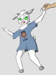 anthro bottomless clothed clothing fur grey_background hooves horizontal_pupils male open_mouth oversized_clothing oversized_shirt oversized_topwear pupils shirt simple_background solo topwear young young_anthro young_male wintersink bovid caprine goat mammal 3:4 hi_res