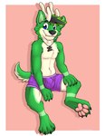 anthro antlers biped black_hair black_nose blue_eyes border claws clothing colored_seam_underwear cute_fangs fur green_body green_ears green_fur green_hair green_inner_ear green_tail hair horn inner_ear_fluff looking_at_viewer male mostly_nude multicolored_body multicolored_fur multicolored_hair pawpads pink_background pink_pawpads pink_seam_underwear purple_clothing purple_underwear simple_background solo tail toe_claws tuft two_tone_hair two_tone_tail underwear white_body white_border white_fur white_tail gaokun canid canine canis deer hybrid mammal wolf 2019 hi_res