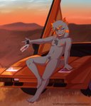 anthro balls blush car car_hood_pose chest_tuft detailed_background floppy_ears fur genitals grey_body grey_fur gun hair handgun holding_gun holding_object holding_ranged_weapon holding_weapon horn male motor_vehicle nipples nude open_mouth orange_eyes orange_horn orange_nipples orange_penis orange_stripes penis pubes ranged_weapon revolver scar sitting_on_car sitting_on_vehicle solo sports_car stripes tail tail_tuft tuft vehicle weapon cottonhasaheart lamborghini_countach gusta_(gusta) bovid caprine goat mammal absurd_res chromatic_aberration hi_res shaded