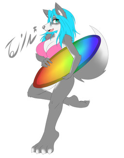 anthro barefoot big_breasts bikini biped blue_eyes blue_hair breasts claws clothed clothing feet female fur grey_body grey_fur hair long_hair looking_at_viewer pupils simple_background slit_pupils solo surfboard swimwear toe_claws two-piece_swimsuit vehicle watercraft white_background white_body white_fur tailzkim hanul canid canine canis domestic_dog husky mammal nordic_sled_dog spitz 2015 absurd_res hi_res