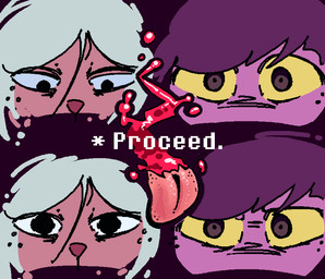anthro big_pupils biped black_background black_eyes blonde_hair brown_body brown_fur clenched_teeth clothed clothing dialogue dilated_pupils duo expressionless female front_view fur gore hair looking_at_viewer offscreen_character pink_body pink_scales pupils purple_eyes purple_hair scales severed_body_part severed_tongue simple_background snout snowgrave teeth text tongue worried yellow_sclera qwizibo deltarune undertale_(series) noelle_holiday susie_(deltarune) deer mammal new_world_deer scalie 2025 comic digital_drawing_(artwork) digital_media_(artwork) english_text