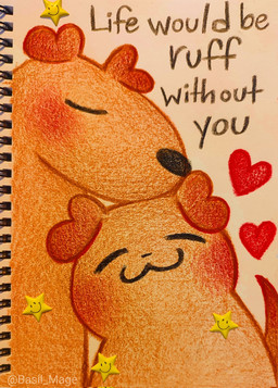 ambiguous_gender brown_body brown_fur duo eyes_closed feral fur head_on_head heart_symbol star text basil_mage canid canine canis domestic_dog mammal crayon_(artwork) english_text hi_res traditional_media_(artwork)