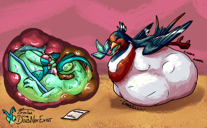 abdominal_bulge animal_genitalia avian_feet beak blue_body blush bodily_fluids clothing drooling eyes_closed feathered_crest feathered_wings feathers feet female feral feral_pred feral_prey genital_slit genitals hat head_crest headgear headwear internal markings masturbation neck_bulge oral_vore organs penis red_markings saliva size_difference smaller_pred stomach stomach_acid tail tail_feathers talons toes vore white_body white_markings wings yellow_eyes doesnotexist gyrotech nintendo pokemon mistral_(gyro) avian bird flygon generation_3_pokemon pokemon_(species) swellow hi_res
