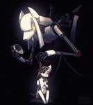 ambiguous_gender anthro bent_over biped black_background black_body collar duo kneeling leash leashed_collar looking_down_at_another looking_up_at_another machine pseudo_hair simple_background size_difference text turret white_body white_pseudo_hair salamanding portal_(series) valve glados canid canine canis domestic_dog mammal robot robot_dog turret_(portal) 2025 artist_name digital_drawing_(artwork) digital_media_(artwork) english_description hi_res