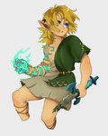 aura blonde_hair blue_eyes clothing hair humanoid_pointy_ears light_body light_skin long_hair male markings master_sword melee_weapon not_furry pointy_ears simple_background solo sword weapon diloon_1 nintendo tears_of_the_kingdom the_legend_of_zelda link elf humanoid hylian 4:5 absurd_res hi_res