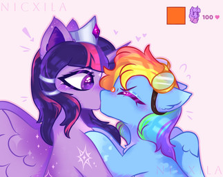crown duo eyewear female female/female feral goggles headgear heart_eyes heart_symbol horn kissing wings nicxila friendship_is_magic hasbro my_little_pony mythology rainbow_dash_(mlp) twilight_sparkle_(mlp) equid equine mammal mythological_creature mythological_equine pegasus winged_unicorn hi_res