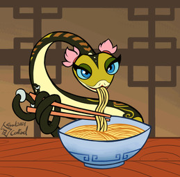 blue_eyes bowl chopsticks container detailed_background eating female feral food front_view heart_symbol innuendo inside lipstick looking_at_viewer makeup noodles one_eye_closed solo text wink soulcentinel dreamworks kung_fu_panda master_viper reptile scalie snake viper 2021 animated english_text hi_res signature