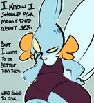 anthro blue_body cheek_fins clothed clothing dialogue female fin freckles hand_on_hip inner_monologue solo text thinking wrestling_outfit 1upgobbo nintendo pokemon noh_(1upgobbo) generation_3_pokemon mudkip pokemon_(species) 2024 hi_res