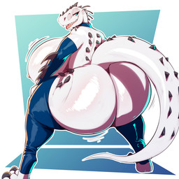 anthro arm_warmers armwear big_breasts big_butt biped blue_eyes breasts butt butt_focus claws clothing female half-closed_eyes huge_breasts huge_butt hyper hyper_breasts hyper_butt legwear looking_back mostly_nude motion_lines narrowed_eyes nipples non-mammal_breasts non-mammal_nipples presenting presenting_hindquarters quills_(anatomy) rear_view simple_background smile solo spikes spikes_(anatomy) tail thick_thighs thigh_highs toe_claws white_body wide_hips trinity-fate62 jurassic_park jurassic_world universal_studios yuki_(evov1) yukiminus_rex_(evov1) dinosaur indominus_rex prehistoric_species reptile scalie theropod 1:1 2023 digital_media_(artwork) hi_res