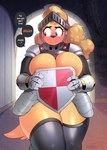 anthro armor big_breasts bodily_fluids breasts chromatic_aberration convenient_censorship female headgear helmet knight looking_away shield sweat tail text thick_thighs warrior chromapan amelia_steelheart canid canine canis domestic_dog mammal english_text hi_res