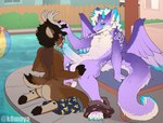 anthro antlers arm_tuft ball beach_ball big_penis black_sclera blue_body blue_claws blue_eyes blue_fur blue_glans blue_horn blue_pawpads blue_tongue bodily_fluids brown_body brown_fur brown_hair brown_hooves butt butt_heart chest_tuft claws clothing countershade_butt countershading cute_fangs duo ear_tuft elbow_tuft eyewear fangs foreskin fur genitals glans glasses hair hand_on_head hand_on_knee hand_on_leg hooves horn inflatable kneeling licking long_tail male male/male markings oral pawpads penile penis penis_lick pool poolside purple_body purple_fur saliva sex short_tail sitting smug swimming_trunks swimwear tail tan_body tan_fur teeth tongue tuft water white_body white_fur white_markings wings k0moya mythology acai_(kariacai) deer dragon furred_dragon furred_scalie mammal mythological_creature mythological_scalie scalie hi_res