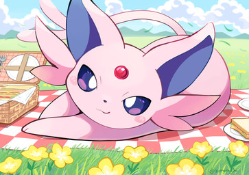 :3 ambiguous_gender basket blush container detailed_background feral flower food forked_tail fur happy looking_at_viewer lying_on_ground on_ground outside picnic picnic_basket picnic_blanket pink_body pink_fur plant purple_eyes purple_inner_ear sandwich_(food) solo tail unusual_anatomy unusual_tail komanyachi nintendo pokemon eeveelution espeon generation_2_pokemon pokemon_(species) absurd_res hi_res