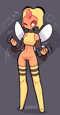 anthro biped bottomless bra clothed clothing dumbbell exercise female genitals legwear solo sports_bra thigh_highs underwear vulva weights nekuzx nintendo pokemon lin_(nekuzx) arthropod generation_4_pokemon pokemon_(species) vespiquen