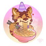 anthro blush bowl brown_hair chopsticks clothing container eating egg_(food) eyes_closed food fur hair hat headgear headwear male noodles orange_body orange_fur party_hat pasta ramen simple_background slightly_chubby solo stripes white_background pink_marky gabe_(mytigertail) felid mammal pantherine tiger 1:1 hi_res