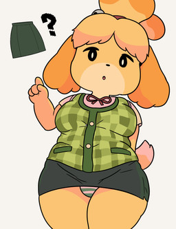 anthro barely_visible_underwear bell blouse bottomwear breasts clothed clothing female fur green_clothing green_panties green_underwear hair looking_at_viewer open_mouth panties panty_peek panty_shot partially_visible_underwear pattern_bottomwear pattern_clothing pattern_panties pattern_underwear solo striped_bottomwear striped_clothing striped_panties striped_underwear stripes tail thick_thighs topwear underwear white_clothing white_panties white_underwear dinim animal_crossing nintendo isabelle_(animal_crossing) canid canine canis domestic_dog mammal 2026 absurd_res hi_res