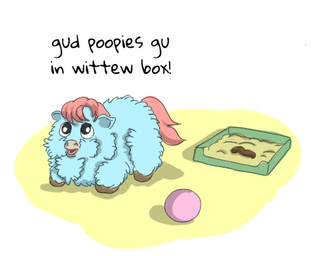 ambiguous_feral ambiguous_gender baby_talk ball black_eyes blue_body blue_fur dialogue feces feral fur hair hooves litter_box looking_up open_mouth pink_hair pink_tail simple_background solo standing tail toy young young_ambiguous young_feral carpdime fluffy_pony fluffy_pony_(species) mammal digital_media_(artwork) shaded