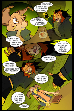 anthro big_ears black_border black_mane book border clothing detailed_background dialogue duo fur furniture hair jacket male mane multicolored_hair offering_hand open_mouth plate short_hair table tan_body tan_fur text topwear wide_eyed ksejl canid canine felid lion mammal pantherine 2:3 comic english_text hi_res