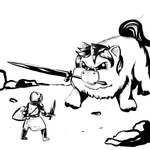 ambiguous_gender armor duo feral melee_weapon shield simple_background size_difference sword sword_in_mouth weapon white_background innshiprion fluffy_pony fluffy_pony_(species) human mammal 1:1 monochrome