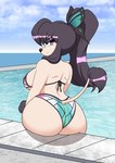 anthro arm_tuft big_breasts big_butt bikini bikini_bottom bikini_top black_eyeshadow black_hair breasts butt clothing eyeshadow female floppy_ears hair looking_at_viewer makeup ponytail pool poolside purple_eyes rear_view simple_background solo swimwear tail tail_tuft tuft two-piece_swimsuit wide_hips wrist_tuft zelripheth alys_faiblesse_(zelripheth) canid canine canis domestic_dog mammal poodle standard_poodle absurd_res hi_res