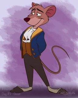 anthro bottomwear clothing cosplay crossover_cosplay footwear fur half-closed_eyes jacket male mouth_closed narrowed_eyes pants raised_tail smile solo standing tail text topwear atimon beauty_and_the_beast disney the_great_mouse_detective basil_(disney) beast_(disney) mammal mouse murid murine rodent 2023 4:5 crossover hi_res signature