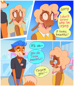 3_panel_comic anthro ascot black_clothing black_shirt black_text black_topwear blue_background blue_bottomwear blue_clothing blue_hair blue_pants blush bodily_fluids border bottomwear brown_body brown_ears brown_eyes brown_fur brown_nose cheek_tuft clothed clothing crossdressing crossdressing_male crying denim denim_bottomwear denim_clothing detailed_background dialogue dipstick_tail display_case dress duo eyes_closed facial_tuft femboy fluffy fluffy_tail fur gender_euphoria gradient_background hair inside jeans lipstick looking_at_another makeup male markings mirror mouth_closed name_tag open_mouth orange_body orange_fur pants perfume perfume_bottle pink_text polka_dot_dress polka_dots red_ascot shirt simple_background sitting smile speech_bubble standing store tail tail_markings tan_body tan_fur tan_hair teal_speech_bubble tears teary_eyes text topwear tuft v-neck white_border yellow_clothing yellow_dress yellow_sclera yellow_speech_bubble heresvix connor_(heresvix) dani_(heresvix) bovid canid canine caprine fox mammal sheep 2026 comic english_text hi_res trans_(lore) trans_man_(lore)