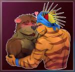 anthro blush clothed clothing duo fur fur_markings kerchief male markings muscular muscular_male nude simple_background smile teasing topless ninjatertel pocky_and_pretz_day ren_gorro_steyr sieg_(ninjatertel) steyr bear mammal