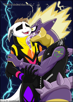 anarchy_symbol anthro black_body black_border bodily_fluids body_spikes border brown_hair clothing countershade_face countershade_neck countershading duo ear_piercing ear_ring electricity eyebrow_piercing facial_piercing female hair leather leather_clothing leather_topwear leather_vest licking male male/female markings multicolored_body piercing pink_tongue purple_body ring_piercing saliva saliva_on_body smile text tongue topwear vest yellow_body zipper silvolf nintendo pokemon amped_toxtricity generation_8_pokemon pokemon_(species) reptile scalie toxtricity 2021 absurd_res dated digital_media_(artwork) hi_res url watermark