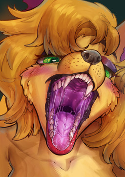 blonde_hair bodily_fluids female fur green_eyes hair lips lipstick makeup mouth_shot open_mouth pink_lips saliva solo teeth tongue vore yellow_body yellow_fur smolspearrow canid canine fox mammal true_fox hi_res