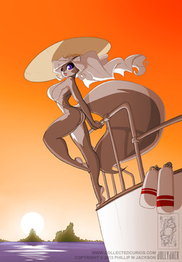 anthro big_breasts bikini blue_eyes boat breasts butt clothed clothing female fluffy fluffy_tail fur grey_body grey_fur hair hat headgear headwear huge_breasts long_hair multicolored_body multicolored_fur smile solo sunset swimwear tail text two-piece_swimsuit two_tone_body two_tone_fur vehicle watercraft white_body white_fur white_hair conditional_dnp jollyjack chloe_sinclaire mammal mephitid skunk url