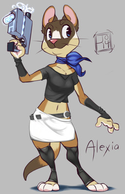 4_toes anthro belt biped black_clothing black_legwear blue_clothing blue_eyes blue_kerchief blue_neckerchief bottomwear brown_body brown_ears brown_fur brown_tail clothed clothing feet female fingers footwear fur gun handgun holding_gun holding_object holding_ranged_weapon holding_weapon kerchief leggings legwear neckerchief neckwear ranged_weapon scarf shirt simple_background skirt socks solo tail tan_body tan_fur toeless_footwear toeless_socks toes topwear weapon whiskers white_body white_fur white_paws_(anatomy) reign-2004 alexia_(reign-2004) mammal mustelid musteline true_musteline weasel 2015 absurd_res digital_media_(artwork) hi_res