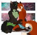 5_fingers anthro blue_eyes briefs bulge butt clothed clothing duo fingers fur hair kneeling male male/male partially_clothed smile topless underwear underwear_down undressing compass_(artist) canid canine canis fox mammal wolf