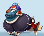 anthro belly big_butt bone bone_in_hair bottomwear breasts butt claws clothed clothing duo ears_up eye_contact fangs female fur hair half-closed_eyes hug hugging_another hugging_butt looking_at_another male mouth_closed narrowed_eyes obese obese_anthro obese_female overweight overweight_anthro overweight_female pants raised_tail scales shirt smile spiked_tail spikes spikes_(anatomy) standing tail teeth text text_on_clothing text_on_shirt text_on_topwear thick_thighs tiptoes toe_claws topwear wide_hips shenzel loki_(shenzel) trinity_(shenzel) canid canine dinosaur fennec_fox fox mammal prehistoric_species reptile scalie theropod true_fox tyrannosaurid tyrannosauroid tyrannosaurus tyrannosaurus_rex 2021 hi_res