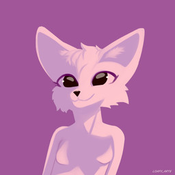 anthro big_eyes big_head black_eyes breasts ears_up eyelashes female fur glistening hair happy light looking_at_viewer mouth_closed nude nude_female purple_background simple_background small_body small_breasts smile snout solo standing text tuft white_body white_fur loafy_arts canid canine fennec_fox fox mammal true_fox 1:1 digital_drawing_(artwork) digital_media_(artwork) digital_painting_(artwork) english_text half-length_portrait painting_(artwork) portrait shaded