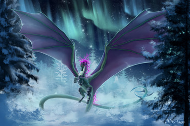 ambiguous_gender aurora_(phenomenon) feral flying green_tail green_wings plant purple_wings sky skyscape snow_on_trees solo star tail text tree wings yellow_eyes nikolaosflamel mythology taliel_(lightningdergsoul) dragon mythological_creature mythological_scalie scalie 2026 artist_name digital_media_(artwork) hi_res intersex_(lore)