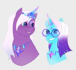 blue_body blue_eyes blue_fur eyewear female feral fur glasses gradient_hair hair horn jewelry male necklace purple_body purple_fur purple_hair smile sparkles white_hair aztrial hasbro mlp_g5 my_little_pony mythology comet_(mlp) violet_frost_(mlp) auroricorn equid equine mammal mythological_creature mythological_equine unicorn hi_res