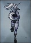 anthro blue_eyes butt clothed clothing fangs female grin hair leaning looking_at_viewer looking_back muscular muscular_anthro muscular_female pawpads paws piercing ponytail rear_view smile solo teeth underwear walking krinkels cyera canid canine canis fox hybrid mammal wolf cool_colors grey_theme