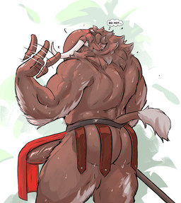 anthro back_muscles barazoku biceps big_muscles big_penis biped blush bodily_fluids bottomwear brown_body brown_fur butt clothed clothed_anthro clothed_male clothing deltoids erection erection_under_loincloth eyebrows eyes_closed facial_hair fanning fanning_self fingers fur genitals grey_body grey_eyebrows grey_facial_hair grey_fur grey_mustache guard humanoid_hands loincloth loincloth_only male male_anthro manly mature_anthro mature_male motion_lines muscular muscular_anthro muscular_arms muscular_male mustache neck_tuft penis plant proboscis_(anatomy) red_bottomwear red_clothing red_loincloth solo standing sweat tail tail_tuft text thought_bubble three-quarter_view topless topless_anthro topless_male triceps trunk_(anatomy) tuft tusks vein veiny_penis white_tusks dullaram muul_(dullaram) elephantid mammal mammoth prehistoric_species proboscidean digital_media_(artwork) english_text portrait shaded three-quarter_portrait