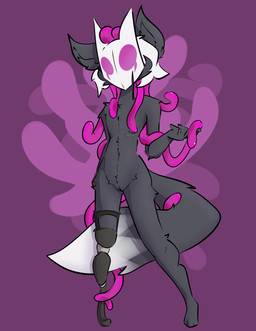 amputee andromorph anthro black_body black_fur disability fur genitals hair intersex mask mastectomy_scar nude prosthetic prosthetic_leg prosthetic_limb scar solo standing tentacles vulva white_hair notsafeforweh laik_(notsafeforweh) canid canine fox humanoid mammal symbiote absurd_res hi_res trans_(lore) trans_man_(lore)