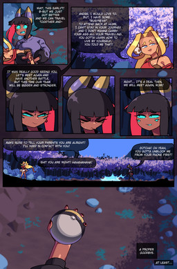 4_eyes accessory after_battle big_breasts black_bottomwear black_clothing black_ear_piercing black_eyebrows black_finger_claws black_hair black_pants blonde_eyebrows blonde_hair blue_eyes blue_mouth blue_sky blue_tongue bodily_fluids bottomwear boulder bra breast_squish breasts brown_bra brown_clothing brown_underwear clothing dark_body dark_skin day dirt duo elbow_pads eye_contact eyebrows eyelashes eyes_closed female first_person_view forest forest_background frown glistening glistening_body glistening_hair glistening_skin goodbye grass hair hair_accessory hair_bun highlights_(coloring) holding_forearm holding_object holding_pokeball horn inner_monologue long_hair looking_at_another looking_away motion_lines mountain_background multi_eye narrowed_eyes nature nature_background not_furry open_mouth pants pebble pink_leaves plant pokeball profanity purple_clothing purple_leaves purple_sweater purple_topwear raised_inner_eyebrows red_clothing red_highlights red_shirt red_topwear rock shadow shirt shoulder_bag shrub skirt sky squish standing sweat sweatdrop sweater talking_to_another tanned_skin teeth_showing text thinking tongue topwear tree ultra_ball underwear using_pokeball walking_away wavy_hair white_bottomwear white_clothing white_skirt yellow_sneakers cuchuflin nintendo pokemon andre_(cuchuflin) romi_(cuchuflin) animal_humanoid ariados generation_2_pokemon human humanoid mammal pokemon_(species) absurd_res comic english_text hi_res male_(lore)
