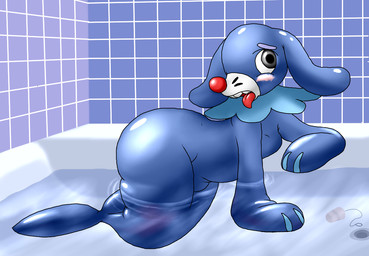 anthro bath bathtub big_ears big_nose black_eyes blue_body blue_skin blush clothing drain_plug female female_anthro latex latex_clothing latex_skinsuit red_nose semi-anthro skinsuit solo suit tight_clothing transformation water wide_hipped_female wide_hips boxley_(artist) nintendo pokemon aquatic generation_7_pokemon mammal pinniped pokemon_(species) popplio 2016