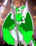 ambiguous_gender anthro blurred_background chest_tuft clothed clothing dancing feathered_wings feathers female flashing flashing_pussy fur genitals looking_at_viewer partially_clothed pole pole_dancing pussy solo tail tuft wings qlice mythology altitude_e. battery_dragon_(altitude_designs) dragon feathered_dragon feathered_scalie furred_dragon furred_scalie item_dragon mythological_creature mythological_scalie scalie hi_res