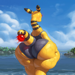 ambiguous_gender anthro anthrofied beach big_butt blush blush_lines bodily_fluids butt butt_focus butt_grab clothing furgonomics hand_on_butt huge_butt huge_hips huge_thighs markings motion_outline one-piece_swimsuit outside overweight overweight_anthro pokemorph rear_view smelly_butt smile solo striped_markings striped_tail stripes sweat sweaty_butt swimwear tail tail_markings thick_thighs water wet wet_body wide_hips yellow_body tukoshuko nintendo pokemon ampharos generation_2_pokemon pokemon_(species) absurd_res hi_res