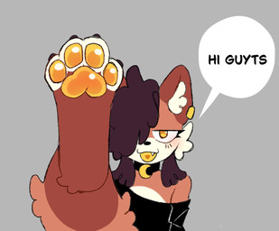 anthro brown_hair choker feet femboy fluffy_ears foot_focus hair hi_guyts jewelry male necklace pawpads paws piercing smug smug_face solo text starlit_aster aster_(starlit_aster) canid canine fox mammal meme